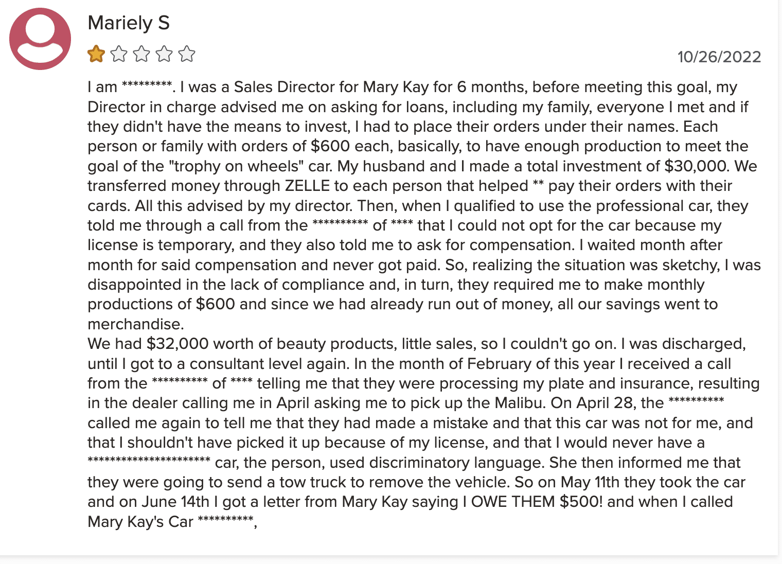 Mary Kay review on BBB